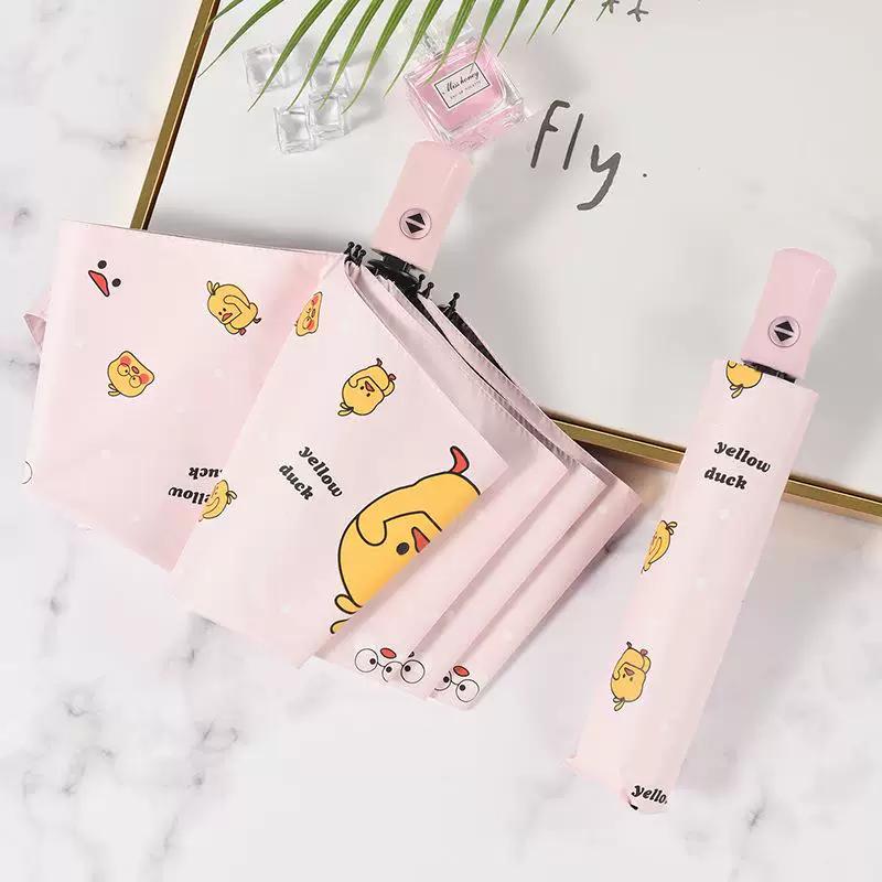 Little Yellow Duck Umbrella for Girls, Cartoon Automatic Sun Protection and Rain Umbrella, Black Coating, Thickened and Reinforced, Large Children's