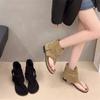 Women's Suede Thong Gladiator Sandal Boots Buckle Strap Open Toe Flat Booties