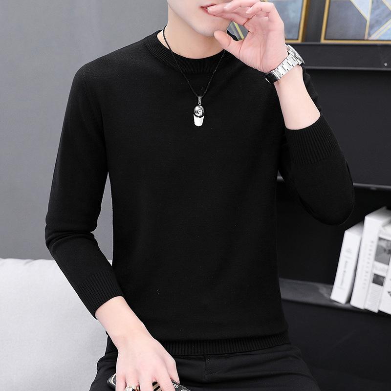 Herren Rundhals-Pullover Herbst und Winter Große Größe Locker Gestrickter Pullover Einfarbig Inneres Langarm-Unterhemd Warmhalten Top