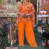 Women Summer   Colorful Chiffon Casual Round Neck Printed  Top Blouse & High Waist Pants Two-Piece Clothing Set