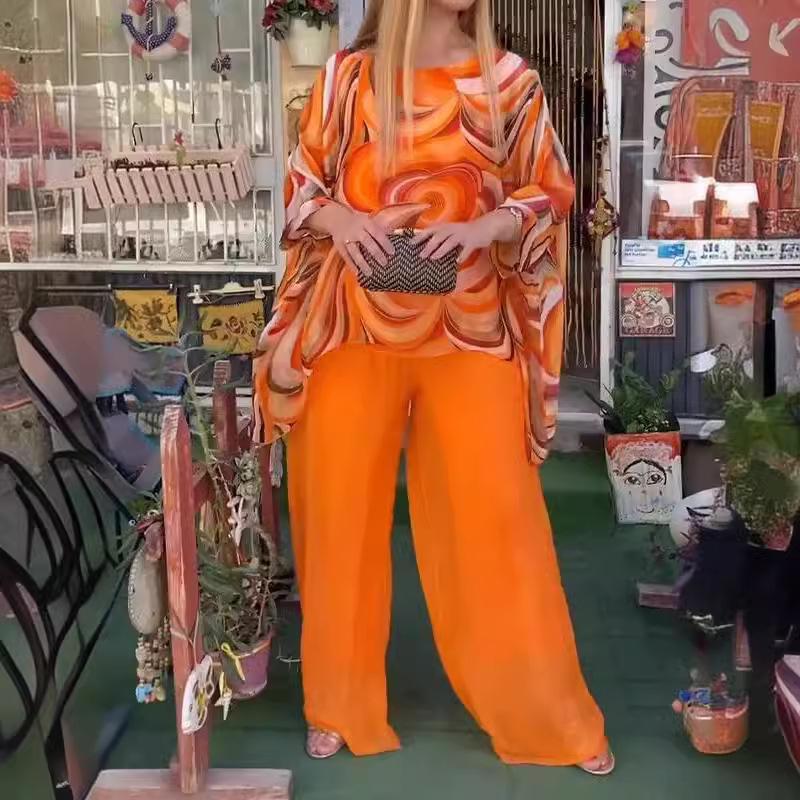 Women Summer   Colorful Chiffon Casual Round Neck Printed  Top Blouse & High Waist Pants Two-Piece Clothing Set