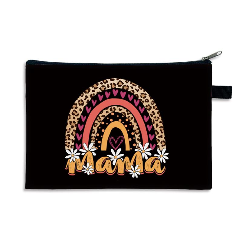Retro Leopard Rainbow Mama Zipper Pouch Vintage Heart Floral Mom Life Makeup Bag Women Fashion Mother's Day Gift for Mom