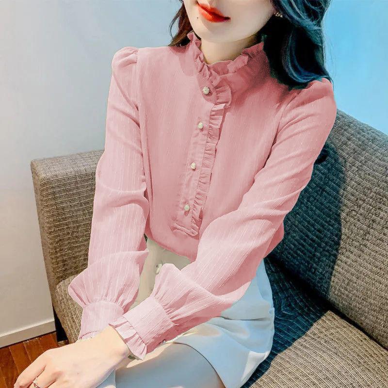 French Lace Stand Collar Chiffon Blouse with Elegant Splicing and Long Sleeves