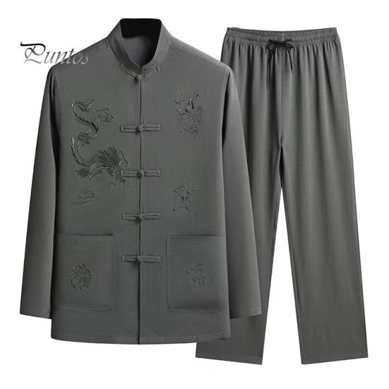 2 Pcs/Set Men Shirt Pants Set Chinese Tang Suit Stand Collar Single-breasted Loose Patch Pockets Elastic Waist Wide Leg Solid Color Mid-aged Men