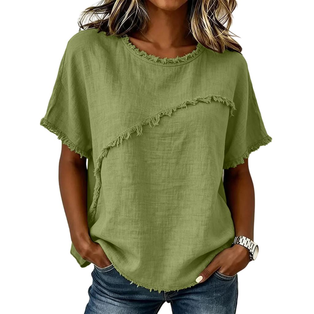 Ladies' Casual And Fashionable Round Neck Loose Linen Short Sleeved Top