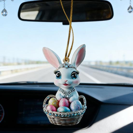 Easter Bunny Ornament 2D Flat Acrylic Bunny Car Rearview Mirror Charm Cartoon Bunny Egg Hanging Pendant for Home Car Window Backpack Holiday Decor