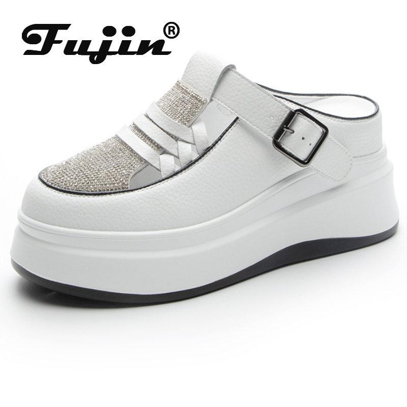

Fujin 6 см из натуральной кожи со стразами, женские массивные кроссовки на платформе, сандалии на танкетке, дышащие тапочки, летняя обувь на полой подошве