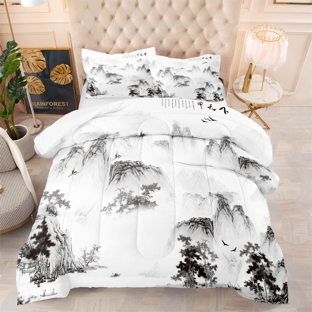 Peach Blossom Landscape Painting Fat Quilt Printing Quilt 3d Printing Bedding Feather Silk Cotton Thickened Three-piece Quilt Cover