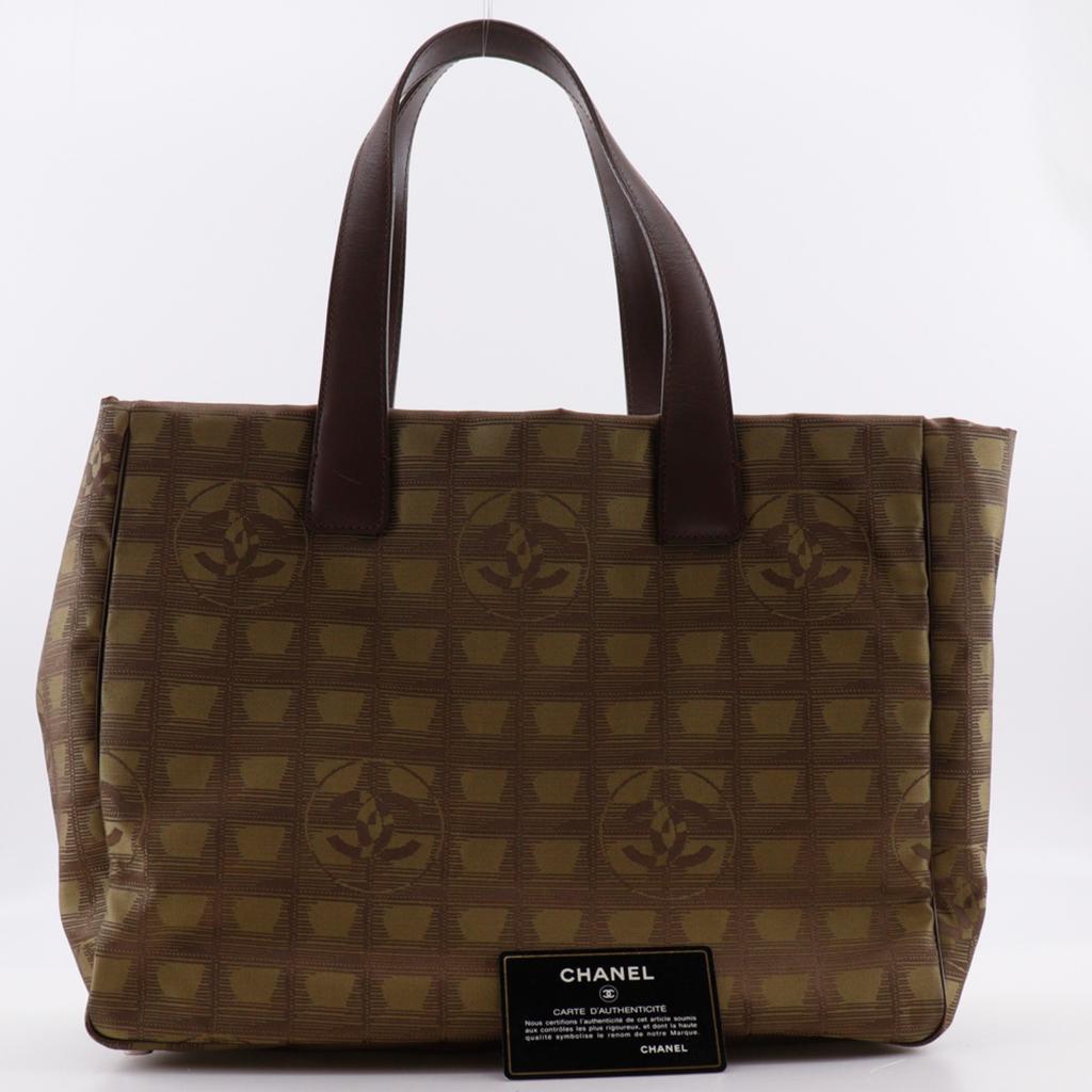 Chanel Tote MM Tote Bag A15991 New Travel Line Khaki Nylon Canvas Women Used