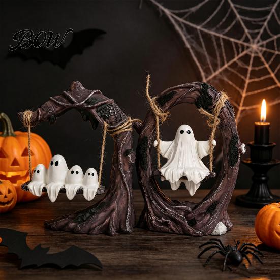 Weather-Resistant Garden Ornament Ghost On Tree Swing Halloween Decor, Resin Spooky Figurine with Vintage Whimsical Home Furnishings Base, Festive