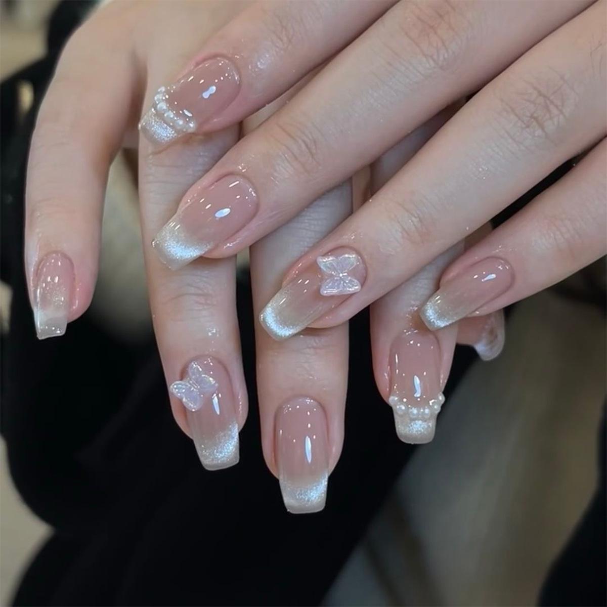 

Handmade Wearable Nails: Cat Eye, Butterfly & Pink Pearl Design