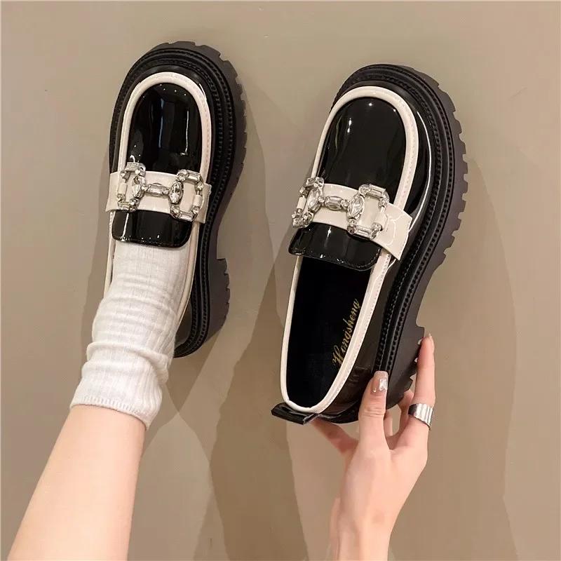 Women's British Style Loafers 35-40 Round Head Square Heel Color Blocking Thick Bottom Leather Shoes Comfortable Commuting Shoes