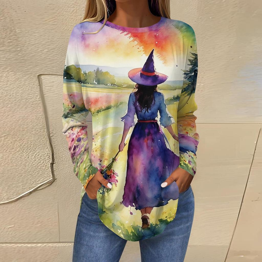 Women's Loose Fit Round Neck Long Sleeve Halloween Printed T-Shirt Vintage Irregular Hem Pullover