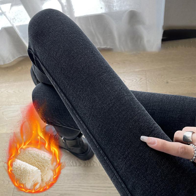 High Waist Plus Size Fleece-Lined Denim Leggings for Women - Spring/Autumn Slimming Elastic Skinny Pants
