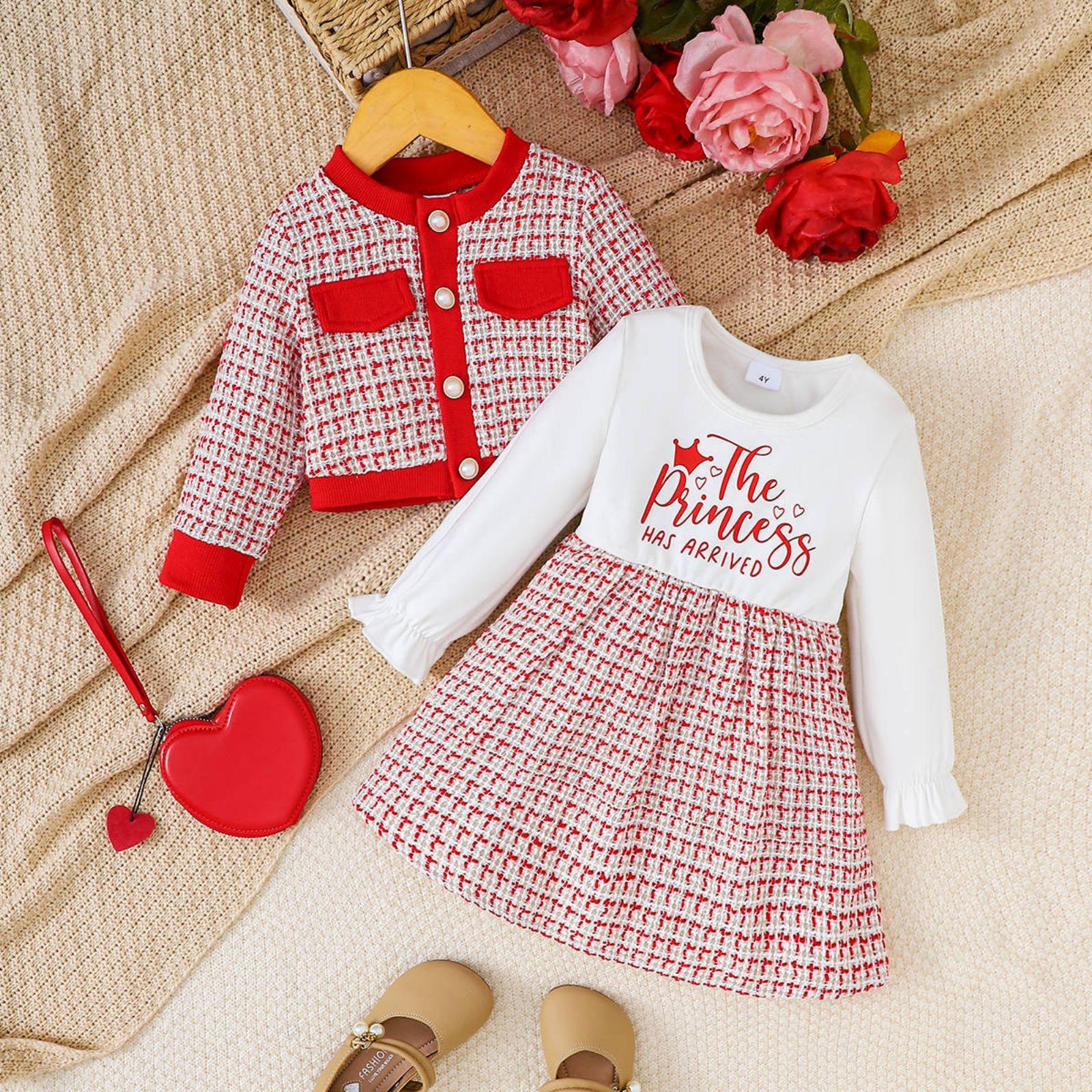 

Комплект из двух предметов: платье принцессы для девочек, стильный наряд в стиле твида 9 красный