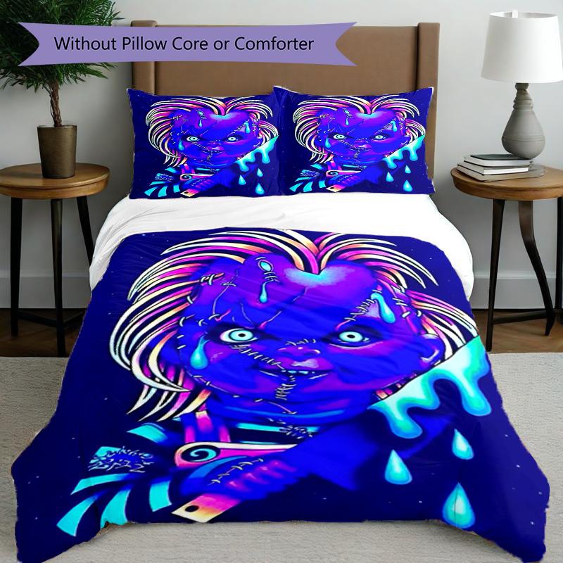 3pcs Duvet Cover Set (1*Duvet Cover + 2*Pillowcase, Without Core), Bride of Chucky Print Bedding Set, Bedroom Decor, All‑Season, Birthday Gift
