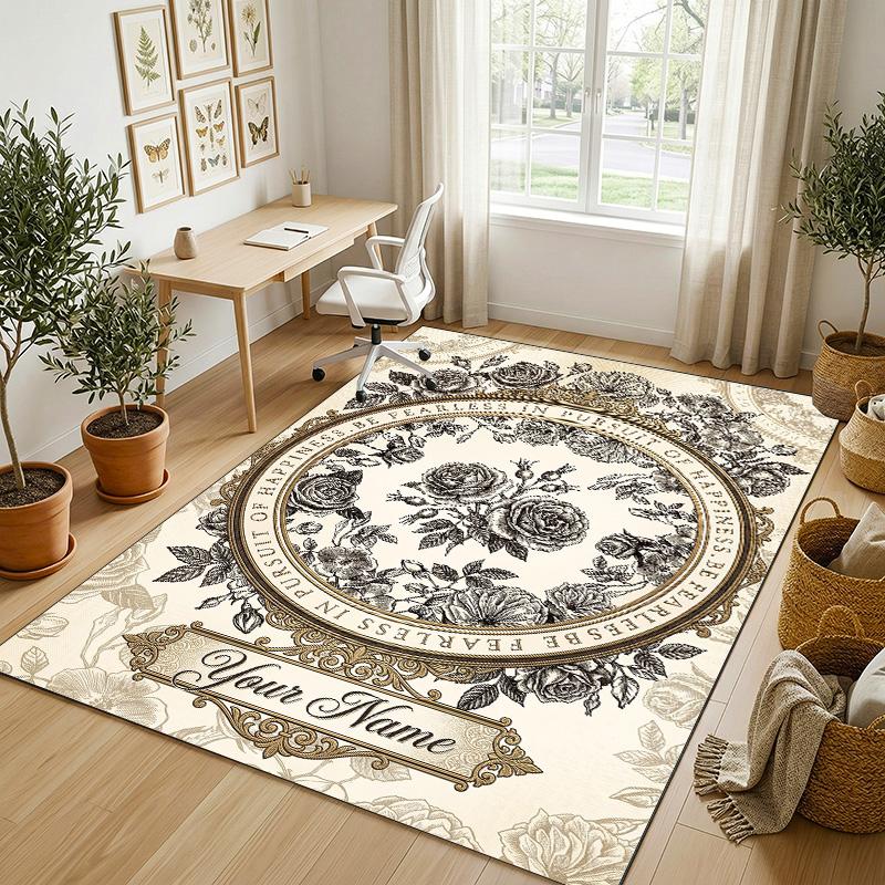 Floral Elegance Theme Soft Crystal Velvet Rug Custom Name & Text Print Non Slip Floor Rug for Bedroom Living Room