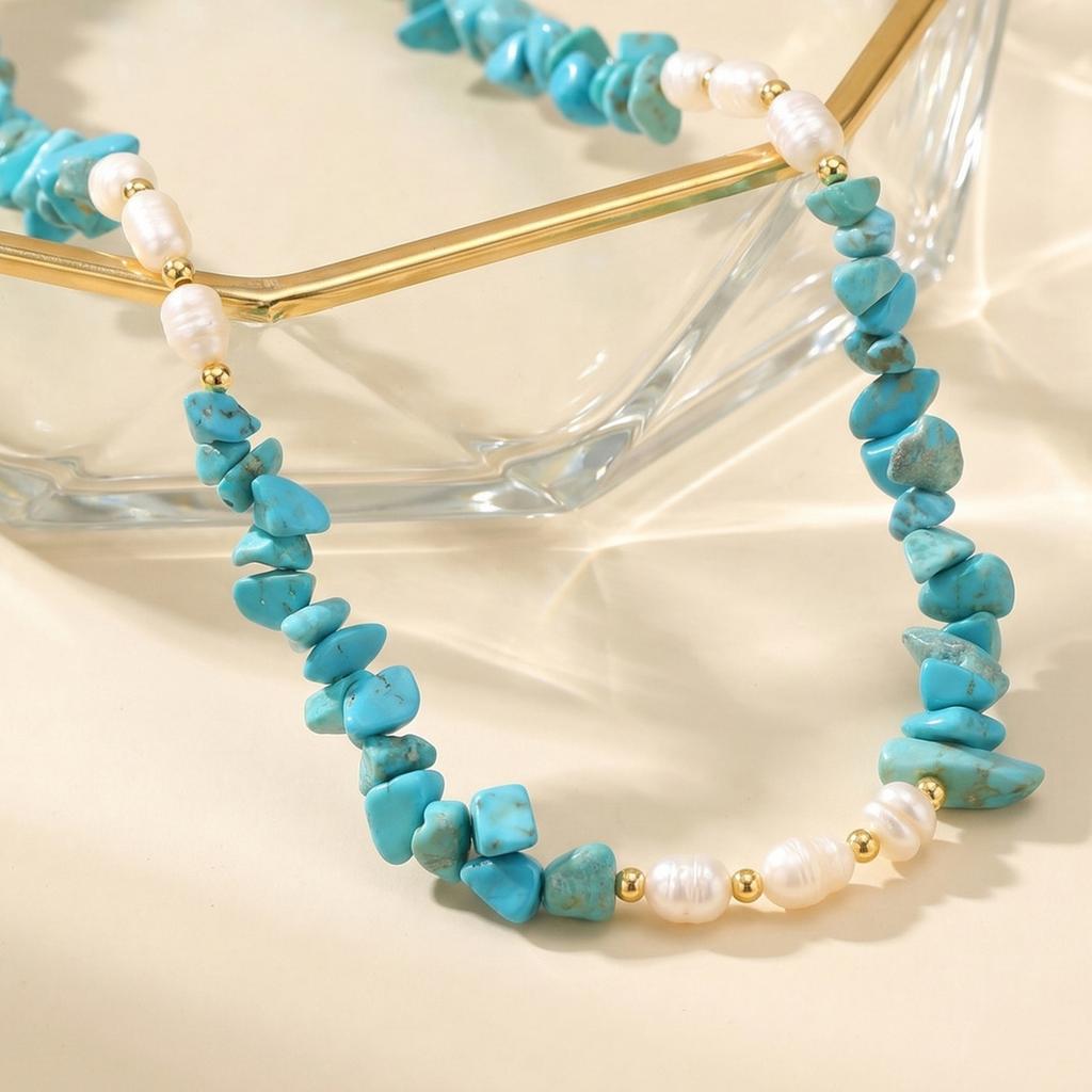 Natural Gemstone Chips Pearl Necklace for Women, Baroque Freshwater Bead Chain, Gold Plated Stainless Steel Jewelry Anti Tarnish
