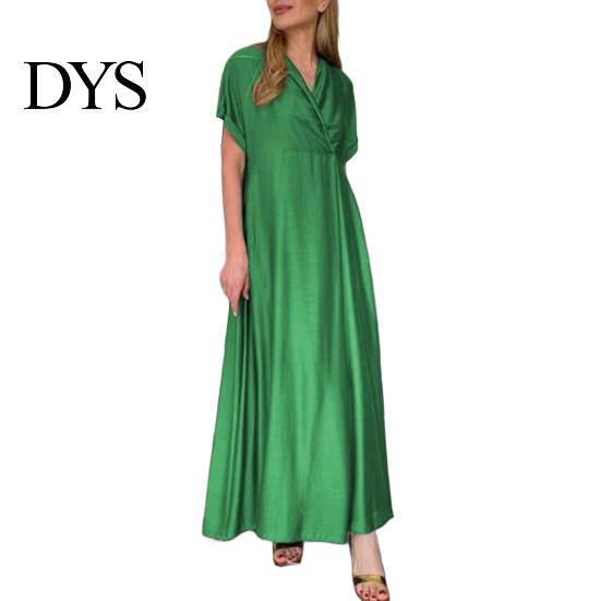 V-neck Long Dress Spring Women V Neck Short Sleeve Loose A-line Pure Color Slimming Ankle Length Maxi Pleated Prom Party Dating