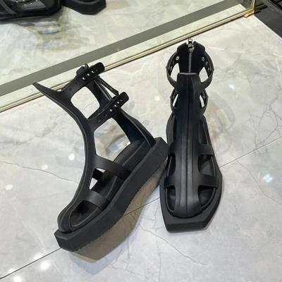 Ins Style Black Square Toe Wedges Women Summer Sandals Boots Casual Flats Zipper Gladiator Sandals Girls Chunky Shoes