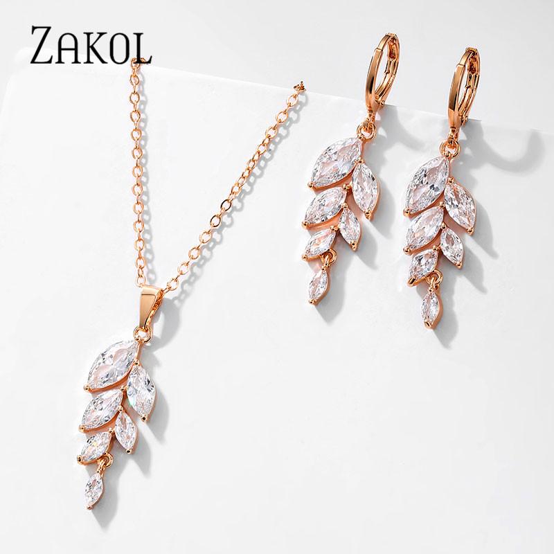 ZAKOL Poland Style Cubic Zirconia Leaf Hook Earrings Necklace Set for Women Elegant Bridal Wedding Party Jewelry Dress