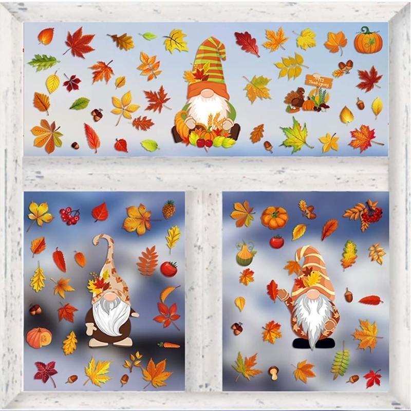 62KD 6 Sheets Autumn Thanksgiving Gnomes Window Clings Decal Fall Pumpkin Maple Leaf Electrostatic Stickers Wall Decor