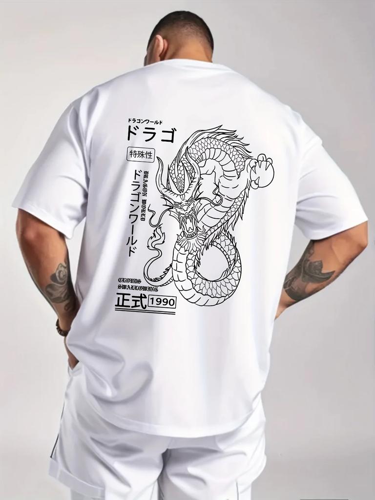 Japanese Dragon Mens Tshirt Kanji Line Art Graphic Casual Cotton Short Sleeve Tops Summer Streetwear