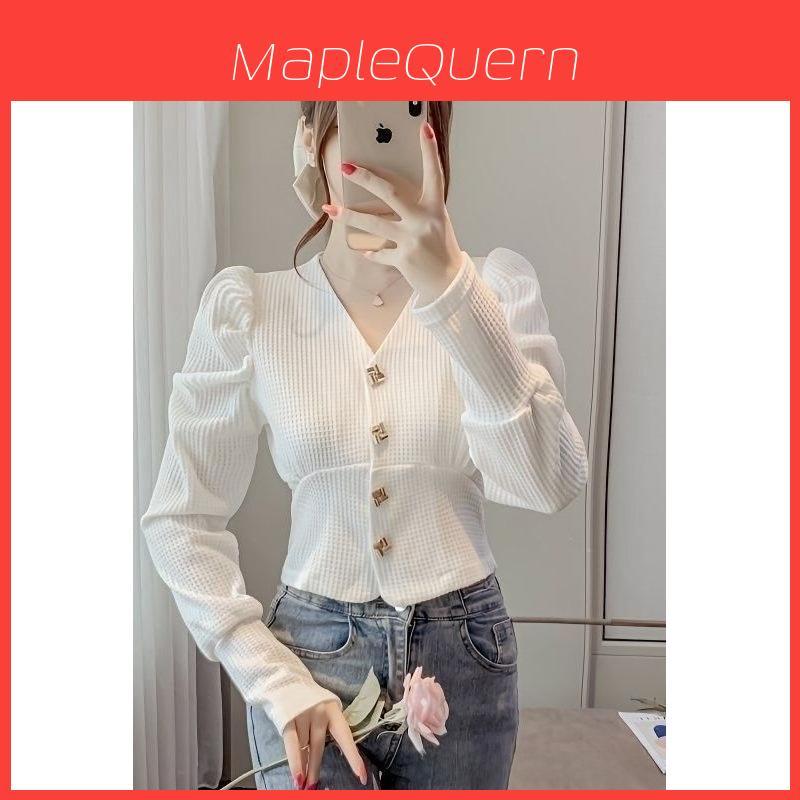 Classic Womens 3d Effect Bubble Sleeve Blouse With V Neck For Spring Fashion
