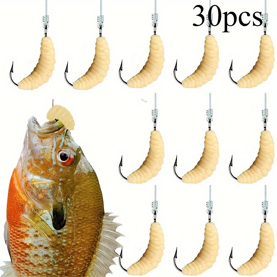 30pcs Yellow Rubber Maggots Fishing Bait Set with Hooks - Versatile Grub Lures for Bass, Trout, Crappie, Bluegill - Ideal for Freshwater Fishing