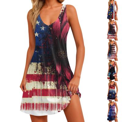 Women's Casual Fashion V Neck Sleeveless Printed Side Pocket Short Skirt Dress