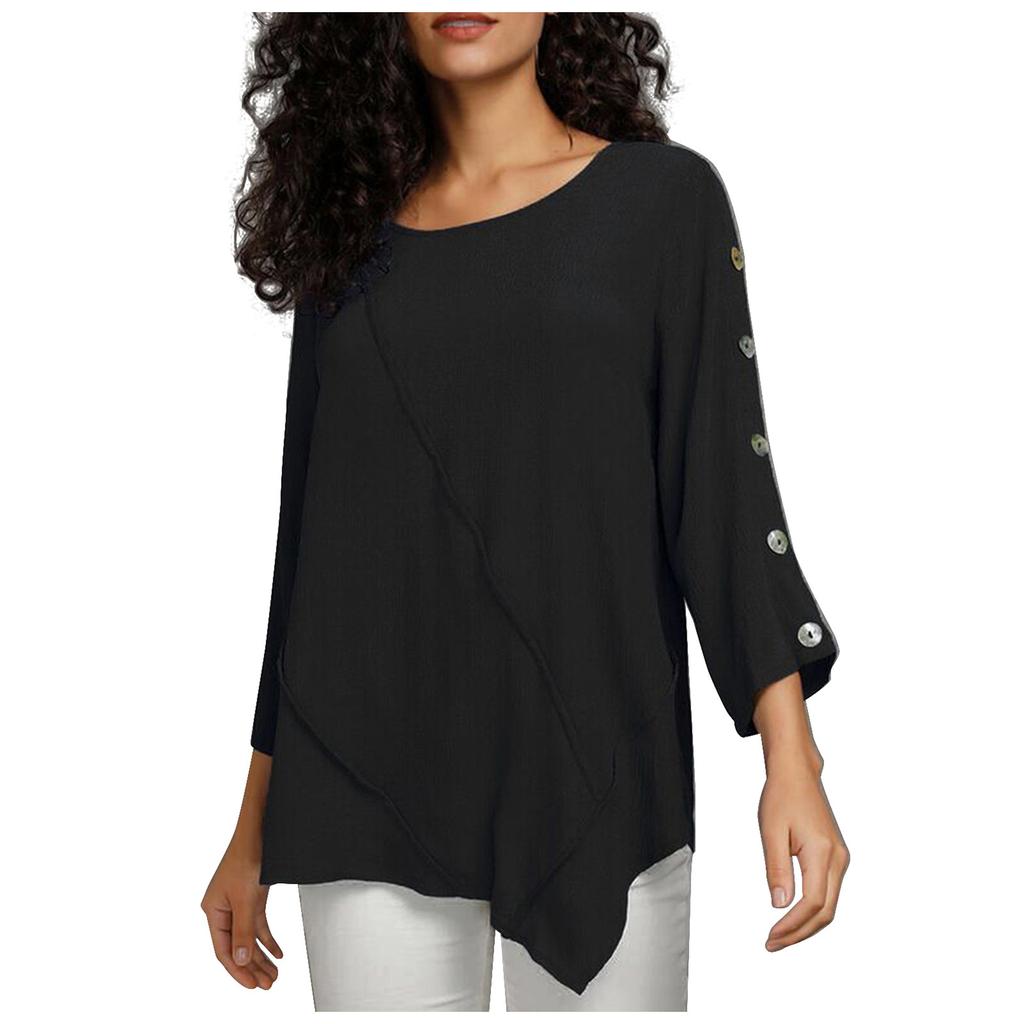 Women's Fashion Loose Color Mid-sleeve -stitched Irregular Hem Button-embellished O-neck Chiffon Top