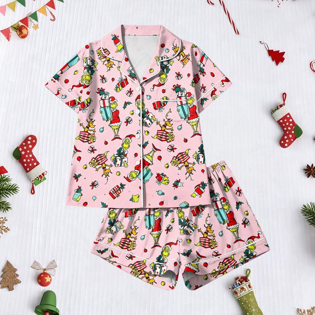 Women's Christmas Print Two Piece Outfit Short Sleeve Top and Casual Shorts Matching Set