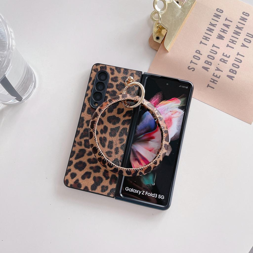 Applicable To Samsung ZFold6 Mobile Phone Case Brown Leopard Print Ring Zfold5 Folding Screen Portable Protective Case PC Hard Case