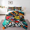 3 Piece Bedding Set with Duvet Cover and 2 Pillowcases - Skate Or Die Cartoon Skeleton Art - Orange Teal Decor