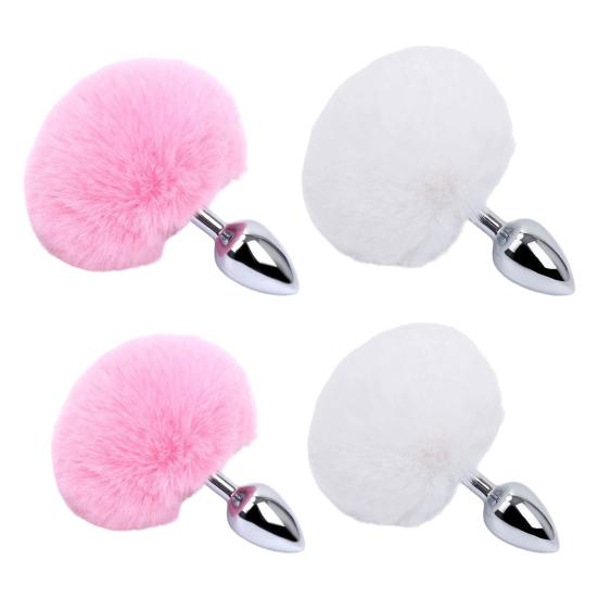 Stainless Steel Anal Plugs with Bunny Tail Tapered Faux Fur Silicone-Free Butt Plugs for Beginners Comfortable