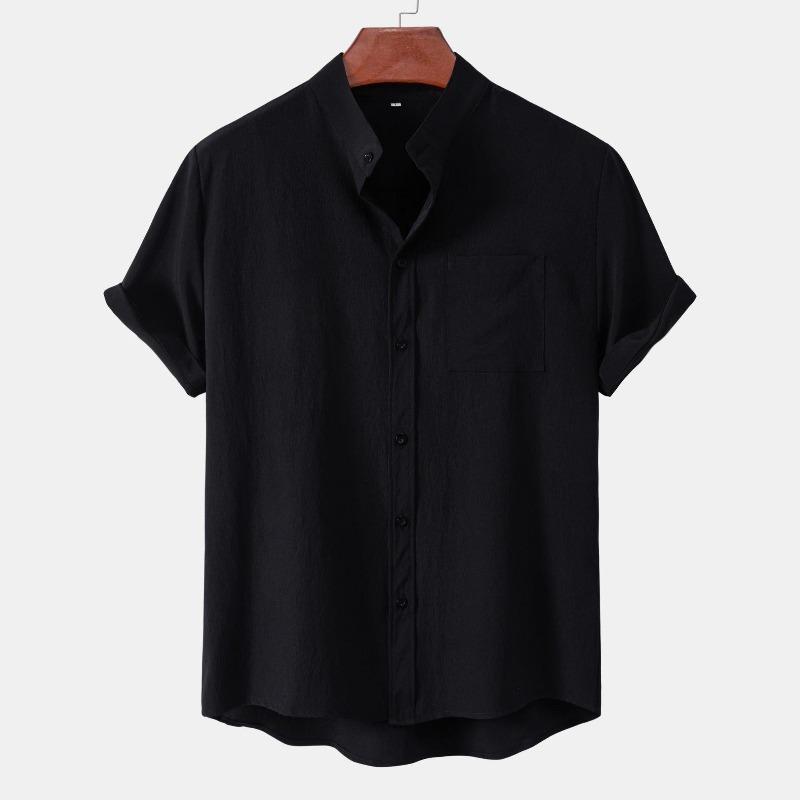 

2026 Men s Solid Color Stand Collar Short-Sleeve Cardigan Shirt XXXL чорний