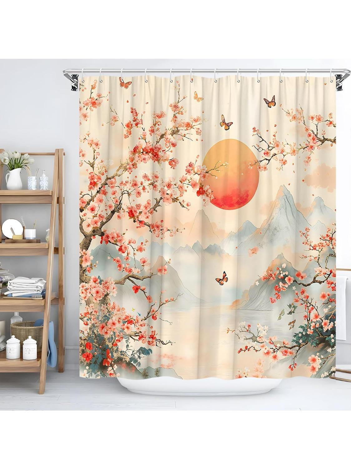 Азиатская живописная шторка для душа Розовый Цветок Сакуры Цветочный Бабочка Туманная Гора Японский Ориентальный Традиционный Весенний Пейзаж 90x180CM