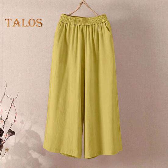 Pantaloni tăiați pentru femei, cu talie elastică, cu talie mijlocie, cu picior largi, cu buzunare, de culoare uni, pantaloni ocazionali, cu tăiere lejeră