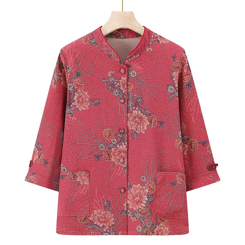 

Summer Shirts for Middle-Aged and Elderly Women: Printed Mid-Sleeve, Grandma s Three-Quarter Sleeve, and Mom s Collared Tops. XL (up to 100 lbs) червоний