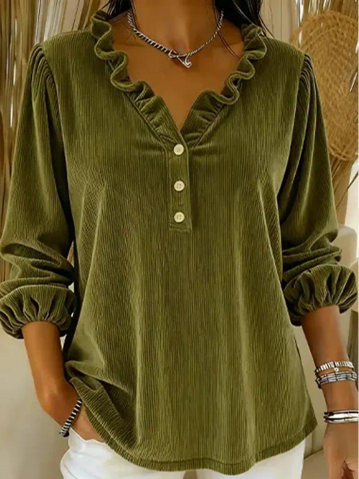 European & American Style Women's Corduroy Ruffle Collar V-Neck Long Sleeve Top