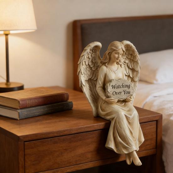 Yousheng Guardian Angel Shelf Sitter Watching Over You Angel Figurine Hand-Painted Sitting Angel Resin Statue Sculpture Home Office Decoration