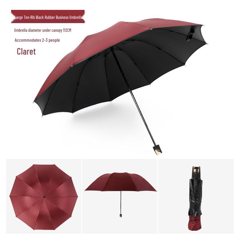 Black Reinforced Folding Umbrella, Sun & Rain Protection, Solid Color, Three-Fold, Fits 1-2 People, Ideal for Business Men & Women.