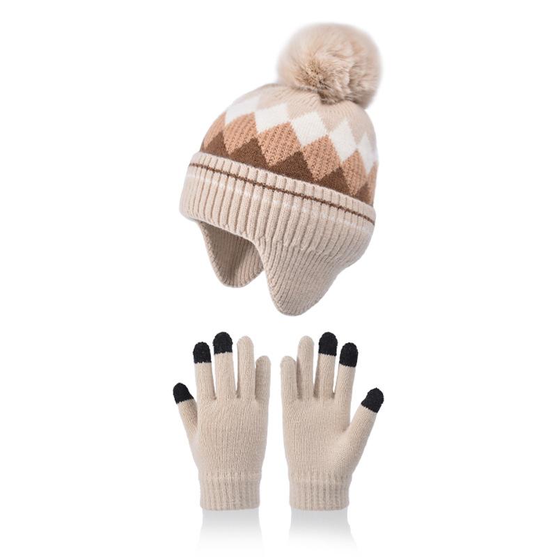 Children Winter Hat Gloves Set Faux Fur Ball Kids Beanie with Earflaps Thicken Warm Children Knitted Cap Suit 4-10Y
