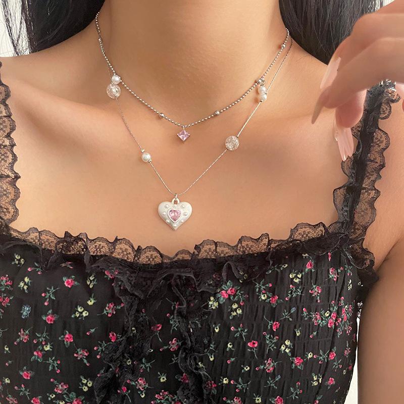 Pink Crystal Bead Heart Double Layer Collarbone Chain Luxury Fashion Zircon Necklace For Women