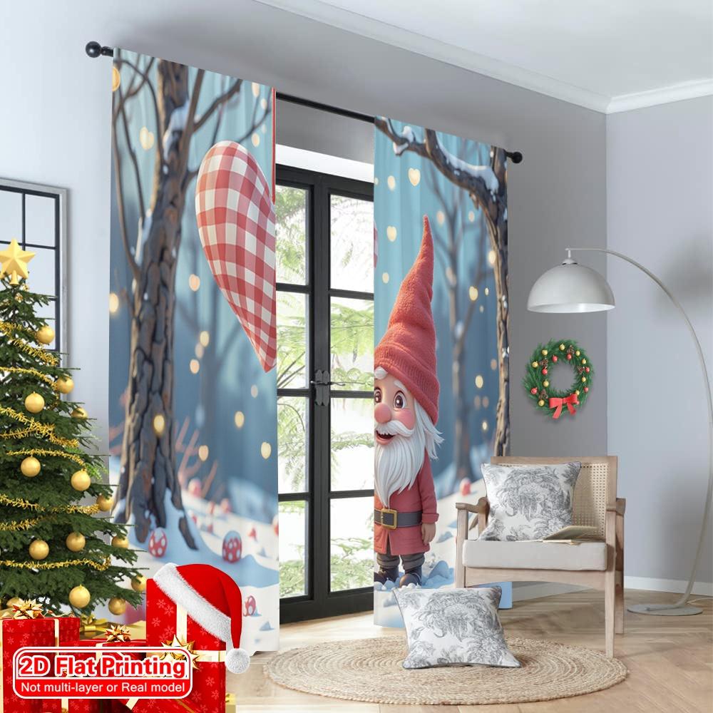 2pcs 2D Flat Printing Merry Christmas Popular Curtain Gnome Heart Winter Holiday Romance 100% Polyester Without Electricity