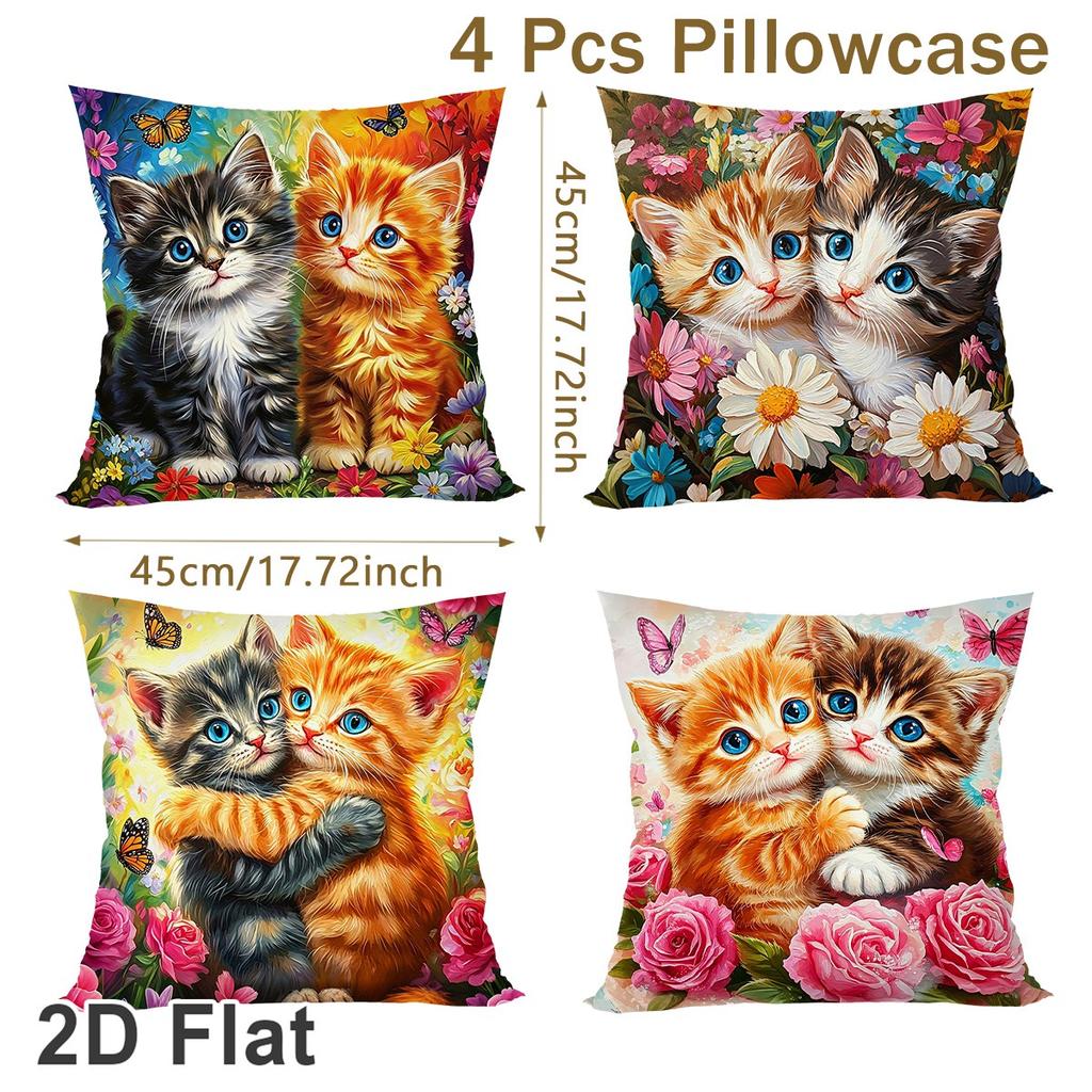 4pcs Cartoon Cat Pillowcase, Cute Cat Flower Design Polyester Cushion Cover, Home Decor for Living Room Couch Bed Sofa