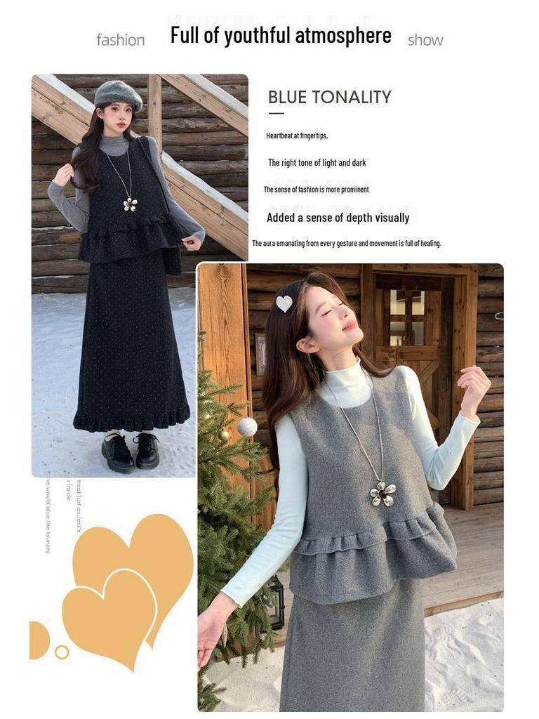 Elegant Retro Polka Dot Three-Piece Set: Vest, Base Layer, Slimming Skirt - Korean Style Autumn/Winter Fashion
