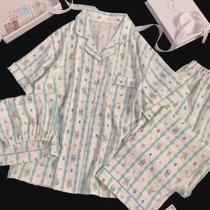 Blue Bear Women's Summer Cotton Pajama Set - Short-Sleeved, Cute Cartoon Design, Three-Piece Loungewear.