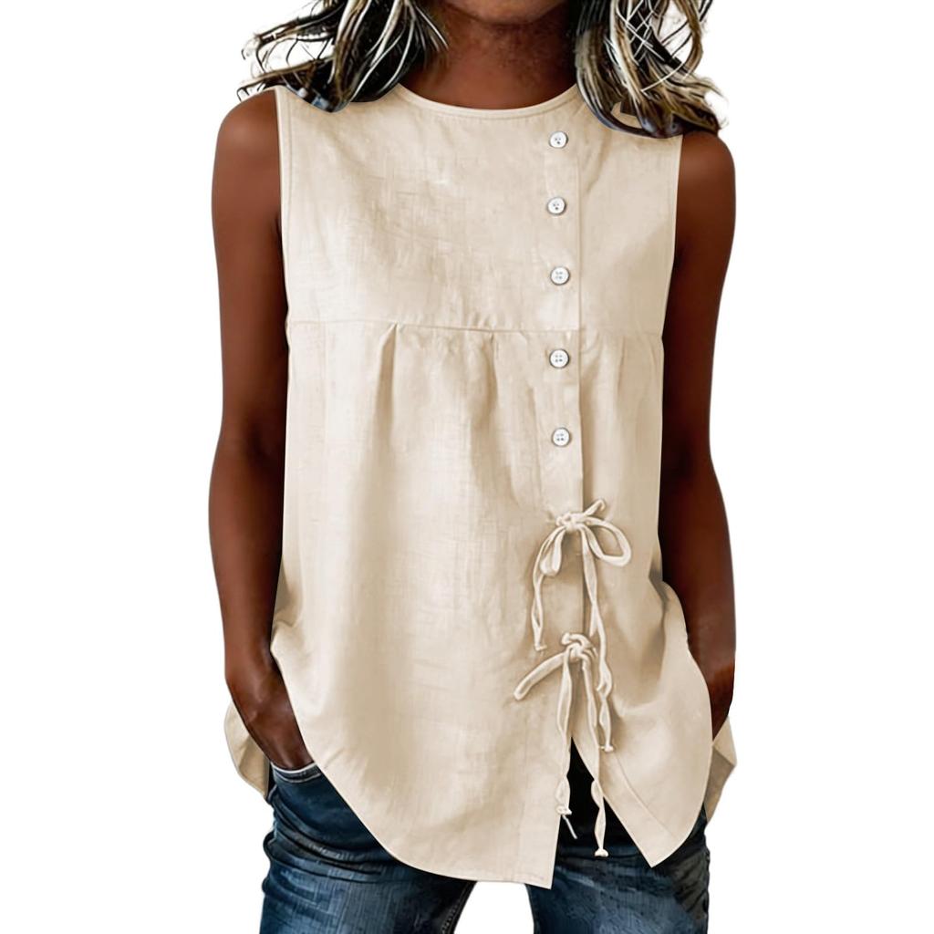 Women’s Loose Fit Sleeveless Crew Neck Linen Top with Button Front and Side Tie Detailing for Casual Wear