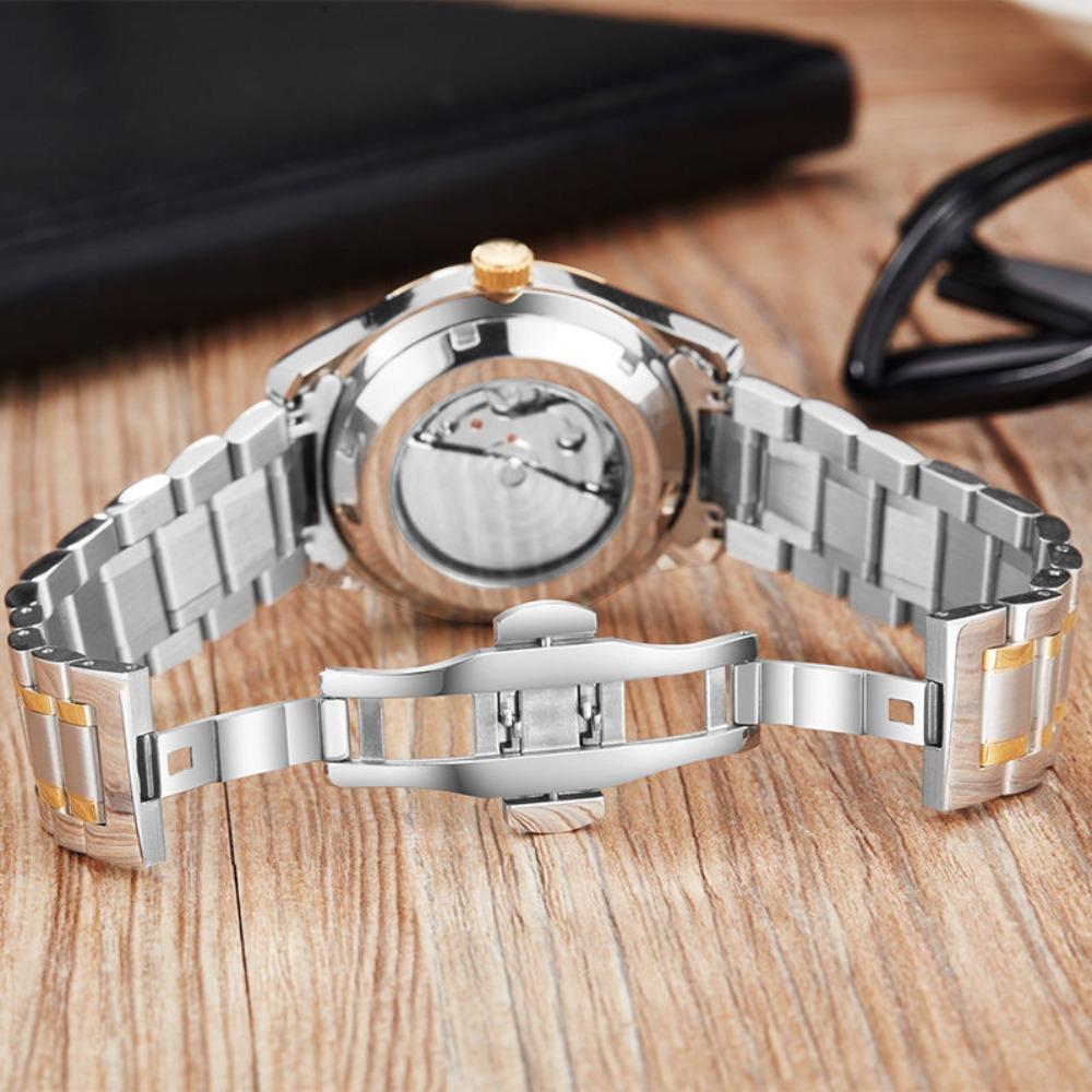 OUYAVEI Herren Automatische Mechanische Uhr Kalender Diamant-Inlay Leuchtend Edelstahl Business Armbanduhr